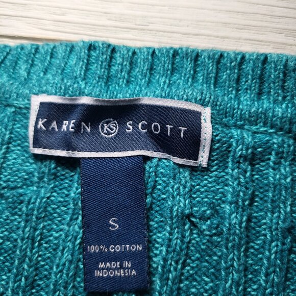 Karen Scott Cable Knit Cozy Cotton Sweater Teal Blue Coastal Christmas Preppy - Picture 2 of 5